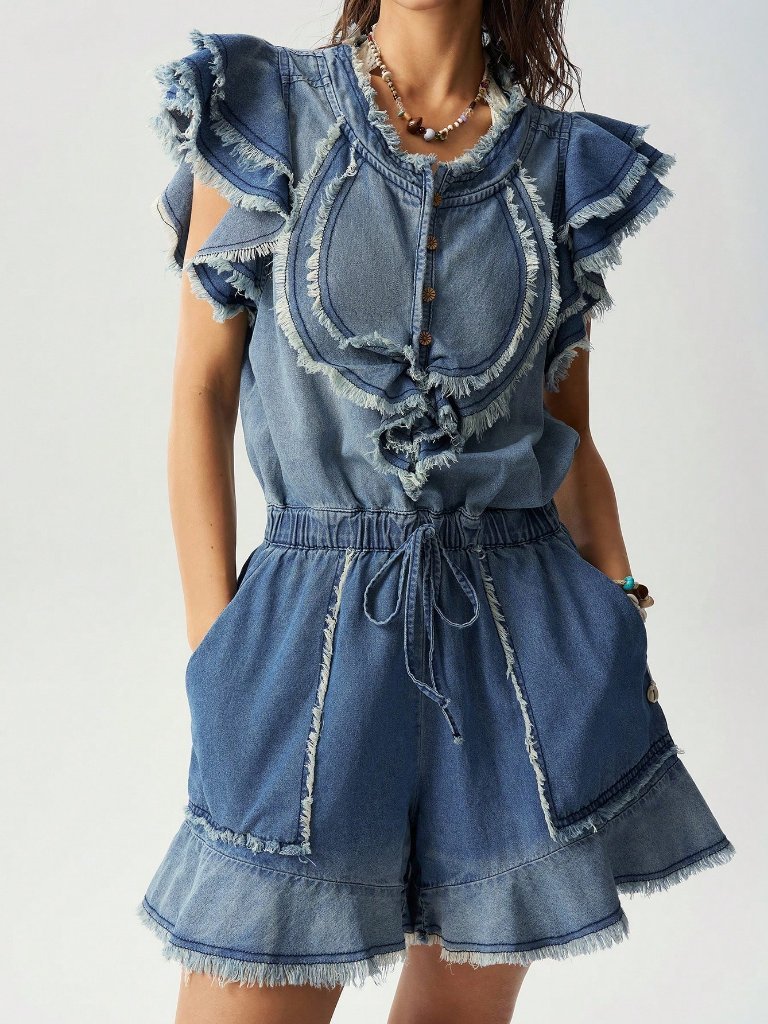 Blue Casual Women's Woven Ruffle Distressed Washed Denim Romper Jumpsuit